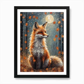 Cottagecore Fox in Autumn - Acrylic Paint Fall Fox with Falling Leaves at Night, Full Moon Perfect for Witchcore Cottage Core Pagan Tarot Celestial Zodiac Gallery Feature Wall Beautiful Woodland Creatures Series HD Art Print