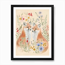 Folksy Floral Animal Drawing Fox 8 Art Print