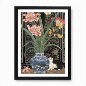 Cat Sitting Beside Blue Flower Vase Art Print