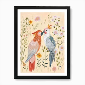 Folksy Floral Animal Drawing Cockatoo Art Print