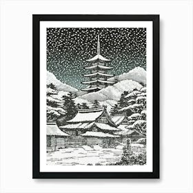 A Snow Covered Village With A Distant View Of A Pagoda Ukiyo-E Style 1 Art Print