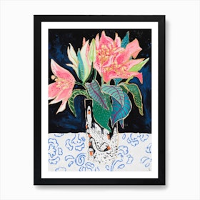 Pink Lily Bouquet In Swan Vase Dark Floral Painting Art Print