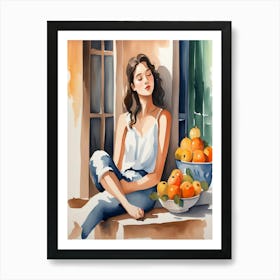 Watercolor Of A Girl With Oranges Art Print