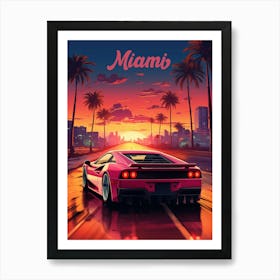 Synthwave Neon Car in Miami Night Art Print