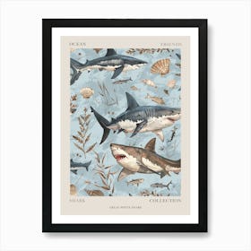 Pastel Blue Great White Shark Watercolour Seascape 4 Poster Art Print