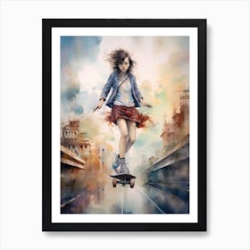 Girl Skateboarding In Shanghai, China Watercolour 3 Art Print