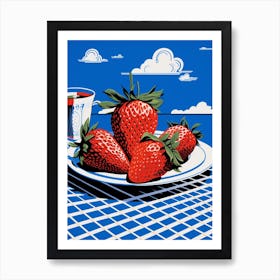 Strawberries Blue Checkerboard 1 Art Print