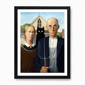 American Gothic With A Black Cat Art Print