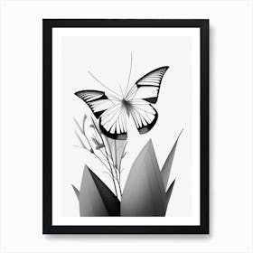 Butterfly In Garden Black & White Geometric 1 Art Print