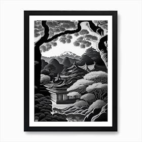 Tofuku Ji, Japan Linocut Black And White Vintage Art Print