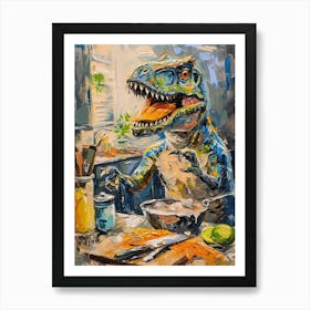 Dinosaur Cooking In The Kitchen Blue Brushstrokes 4 Art Print