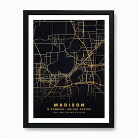 Madison Wisconsin USA Black And Gold Map Art Print