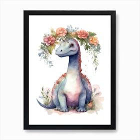 Diplodocus With A Crown Of Flowers Cute Dinosaur Watercolour 1 Art Print