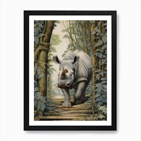 Rhino Walking Over The Wooden Bridge Realistic Illustration 3 Art Print