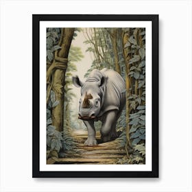 Rhino Walking Over The Wooden Bridge Realistic Illustration 3 Affiche