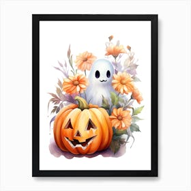Cute Ghost With Pumpkins Halloween Watercolour 118 Art Print