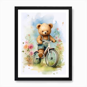 Cycling Teddy Bear Painting Watercolour 1 Art Print