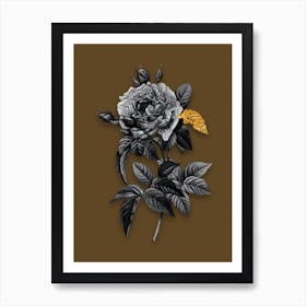 Vintage Pink French Rose Black and White Gold Leaf Floral Art on Coffee Brown Art Print