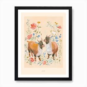 Folksy Floral Animal Drawing Goat 2 Poster Art Print