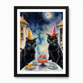 Watercolor Black Cat Friends Having a Birthday Party and Tea on a Full Moon Art Print