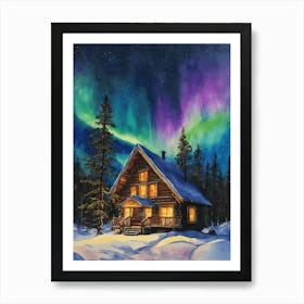 The Northern Lights - Aurora Borealis Rainbow Winter Snow Scene of Lapland Iceland Finland Norway Sweden Forest Lake Watercolor Beautiful Celestial Artwork for Home Gallery Wall Magical Etheral Dreamy Traditional Christmas Greeting Card Painting of Heavenly Fairylights 13 Art Print