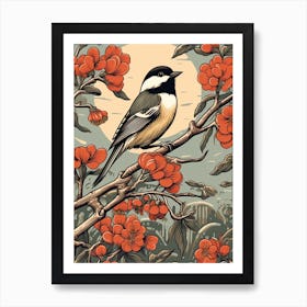 Vintage Bird Linocut Carolina Chickadee 3 Art Print