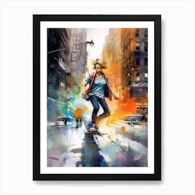 Girl Skateboarding In New York City, United States Watercolour 1 Art Print