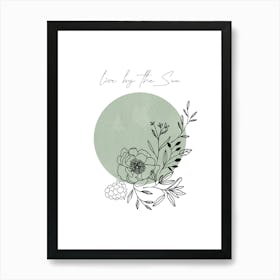 Live By the Sun, Sage Green Floral Sun, Boho Art Print
