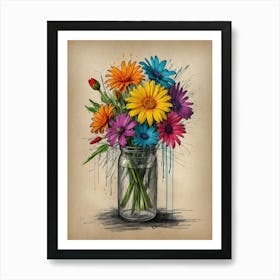 Colorful Flowers In A Jar Art Print