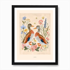 Folksy Floral Animal Drawing Duck 3 Poster Art Print