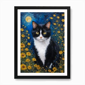 Klimt Style Tuxedo Black Cat in Garden Flowers Meadow Gold Leaf on a Full Moon Painting - Gustav Klimt and Monet Waterlillies Inspired Textured Wall Decor - Super Vibrant HD High Resolution Art Print