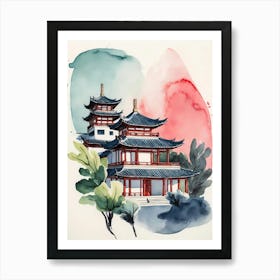 Watercolor Chinese Pagoda Art Print