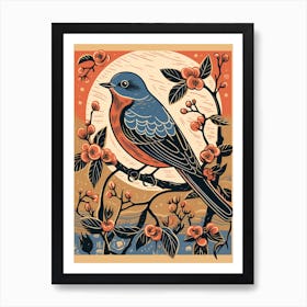 Vintage Bird Linocut Eastern Bluebird 2 Art Print