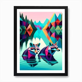 Two Raccoons Swimming In Lake Modern Geometric Violet Art Print