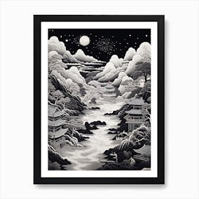 Shikoku Pilgrimage In Shikoku, Ukiyo E Black And White Line Art Drawing 2 Art Print