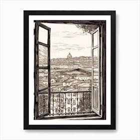 A Window View Of Florence In The Style Of Black And White  Line Art 2 Art Print