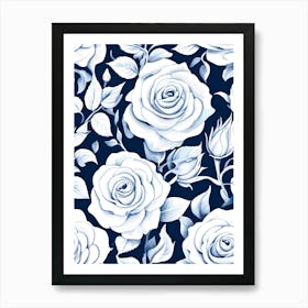 White Roses On A Blue Background Art Print