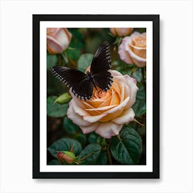 Butterfly On Roses Art Print