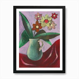 Floral On A Red Cloth - figurative red pink green flowers vertical painting Anton Maliar living room bedroom Art Print