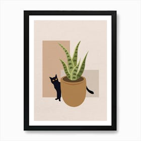 Minimal art of cat behind the door 1 Art Print