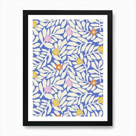 Abstract Cut Out Leaves and Pastel Blossoms White on Periwinkle Blue Art Print