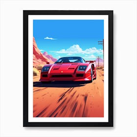 A Ferrari F40 Car In Route 66 Flat Illustration 2 Art Print