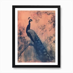 Pink & Blye Peacock In A Tree Cyanotype Inspired 2 Art Print