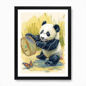 Giant Panda Cub Playing With A Butterfly Net Storybook Illustration 3 Art Print