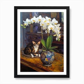 Orchids With A Cat 2 Art Nouveau Klimt Style Art Print