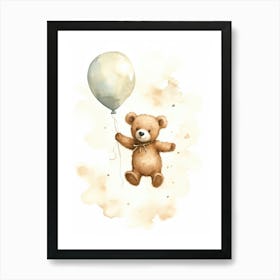 Baby Bear Flying With Ballons, Watercolour Nursery Art 2 Art Print