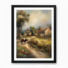 The old British countryside, a work of wall art dating back to 1960, with all its details and colours. The farm is an old oil painting in faded oil colours.3 Art Print