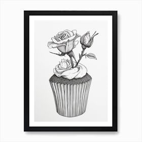 English Rose Cupcake Line Drawing 2 Art Print
