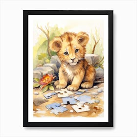 Solving Puzzles Watercolour Lion Art Painting 3 Art Print