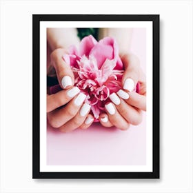 Manicured Hands With Pink Flower Art Print